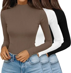 Huukeay 3 Pack Women's Ribbed Mock Turtleneck Tops Long Sleeve Lettuce Trim Neck T Shirts Slim Fit Basic Undershirt Tee
