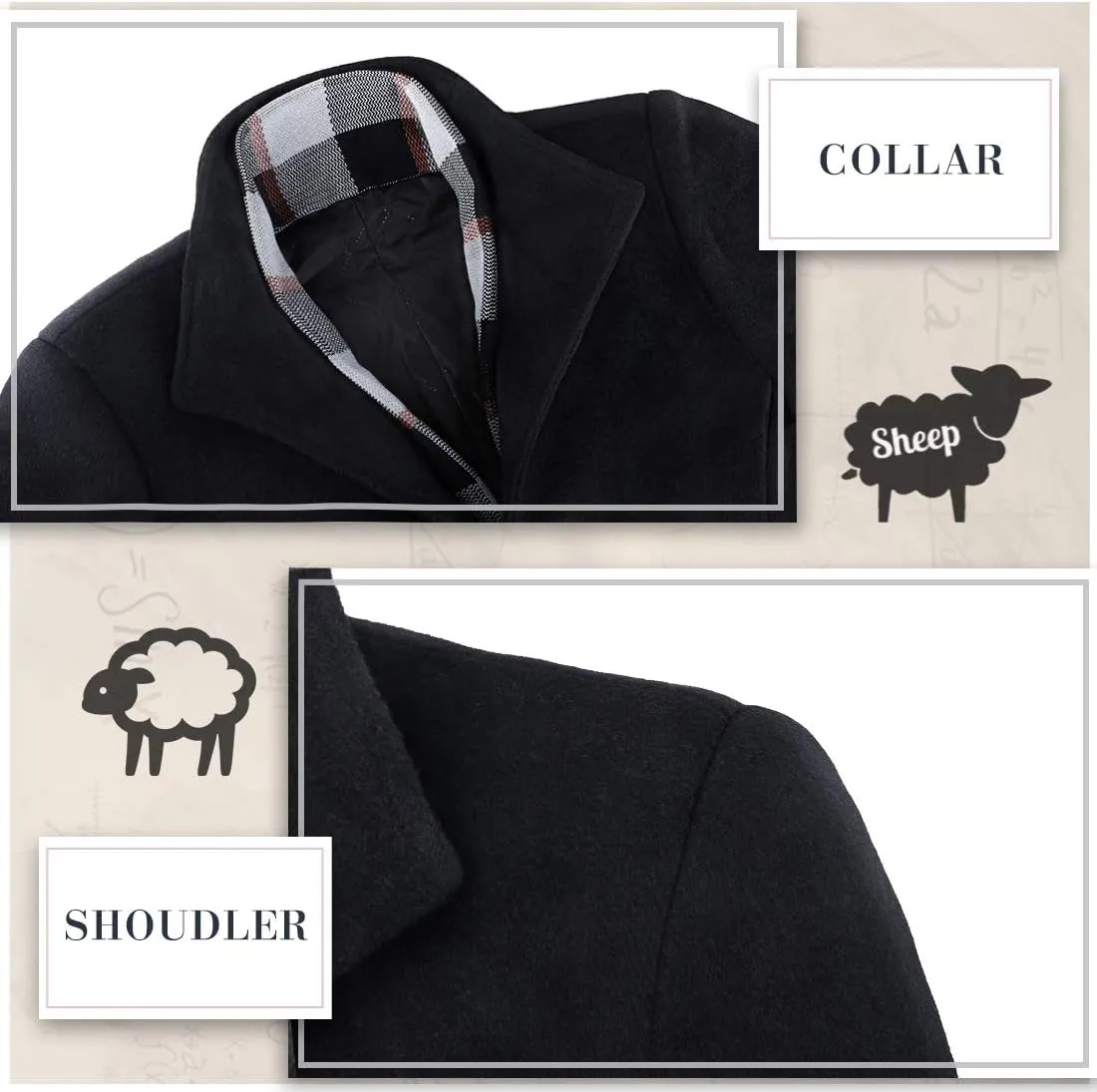 iCKER Mens Trench Coat Winter Wool Blend Jacket Overcoat Long Top Coat Warm Pea Coat