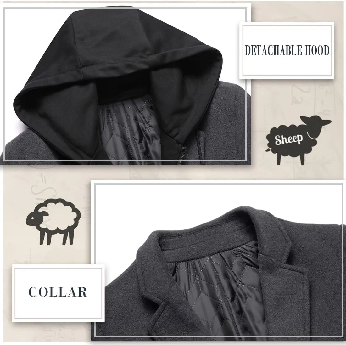 iCKER Mens Trench Coat Winter Wool Blend Jacket Overcoat Long Top Coat Warm Pea Coat