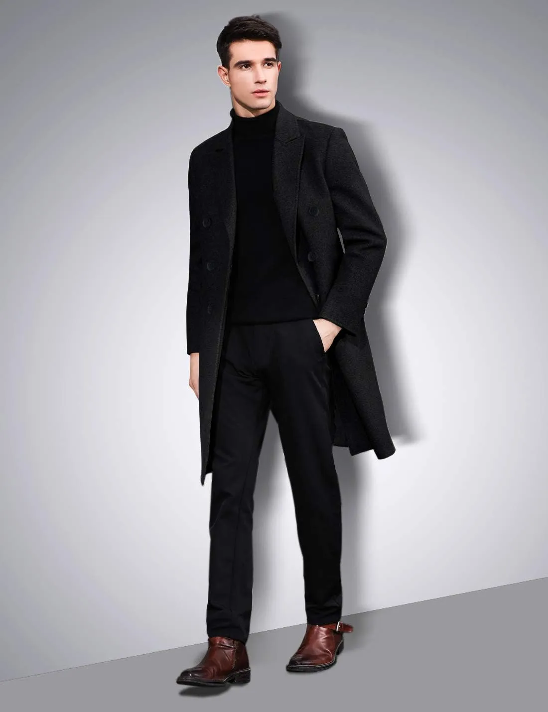 iCKER Mens Trench Coat Winter Wool Blend Jacket Overcoat Long Top Coat Warm Pea Coat