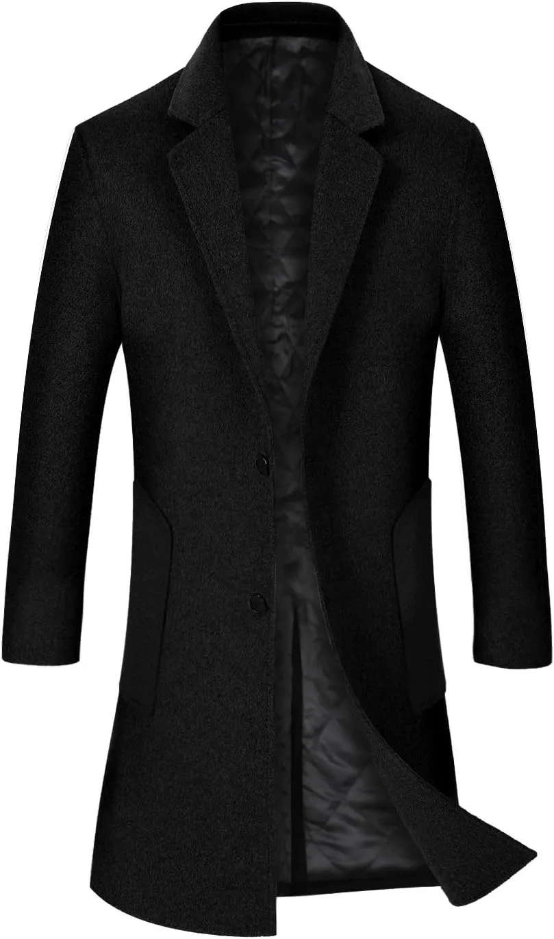 iCKER Mens Trench Coat Winter Wool Blend Jacket Overcoat Long Top Coat Warm Pea Coat
