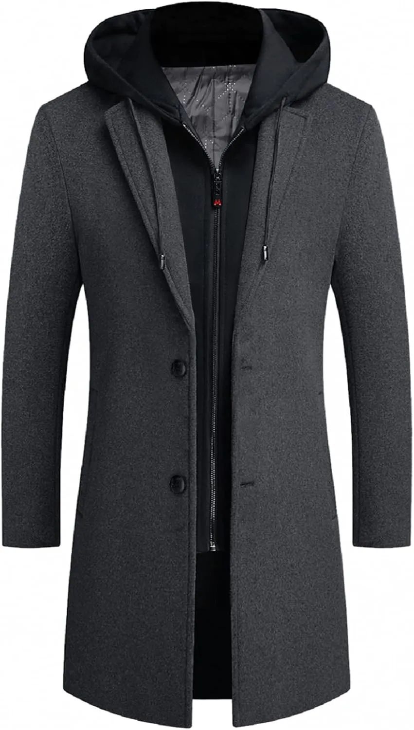 iCKER Mens Trench Coat Winter Wool Blend Jacket Overcoat Long Top Coat Warm Pea Coat