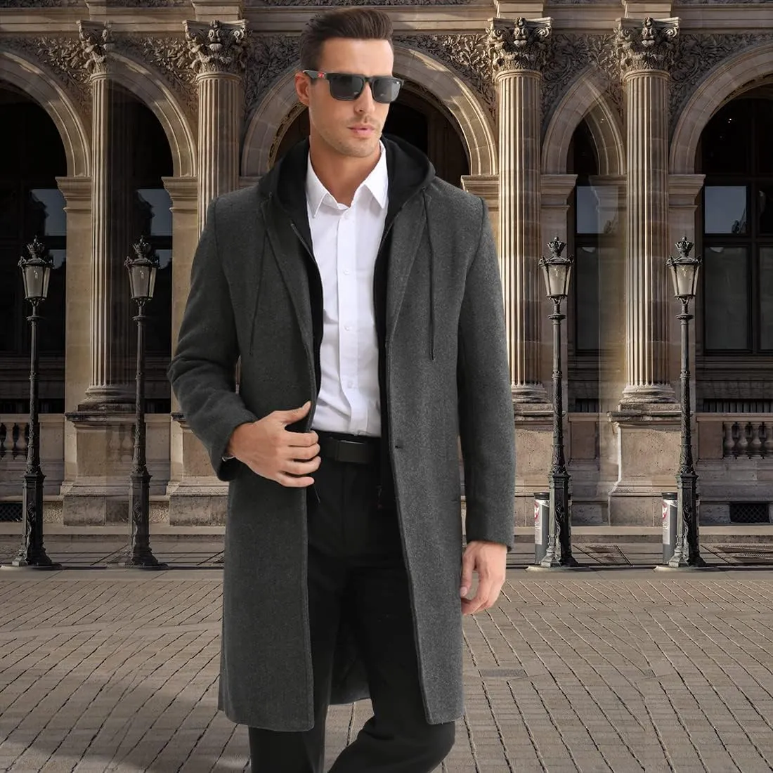 iCKER Mens Trench Coat Winter Wool Blend Jacket Overcoat Long Top Coat Warm Pea Coat