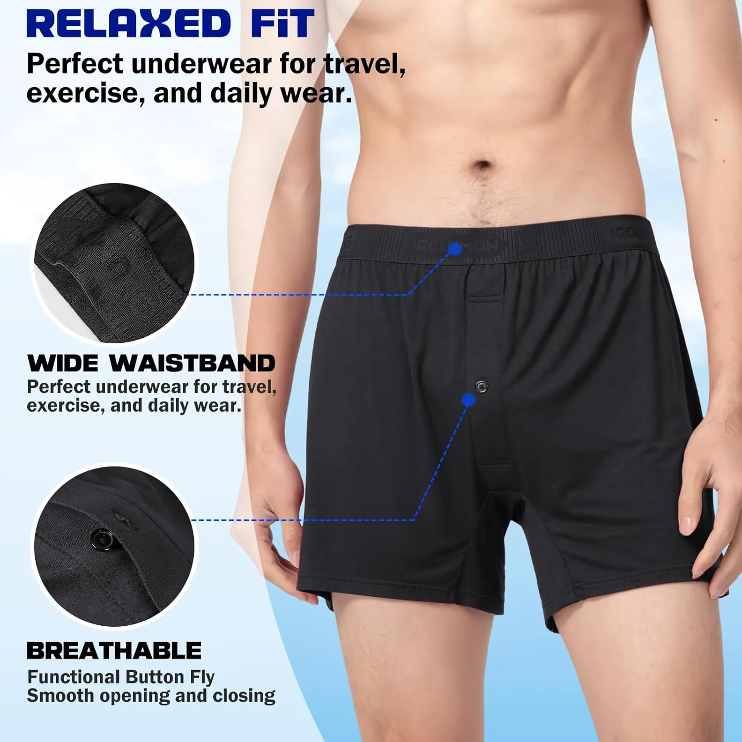 IGOLUMON Mens Underwear Boxer Shorts 5 Pack Bamboo Rayon Boxers for Men Classic Relaxed Fit Boxer Shorts with Button Fly