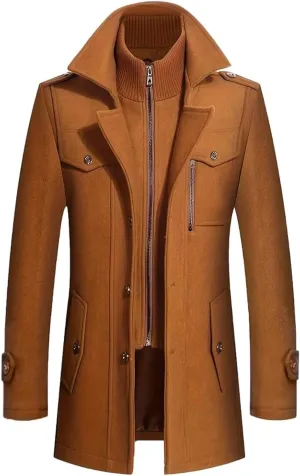 INVACHI Men's Wool Blend Coat Warm Winter Trench Coat with Removable Inner Collar Single Breasted Overcoat