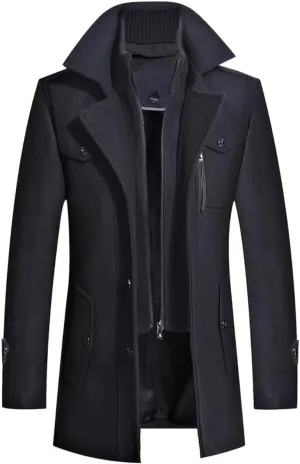 INVACHI Men's Wool Blend Coat Warm Winter Trench Coat with Removable Inner Collar Single Breasted Overcoat