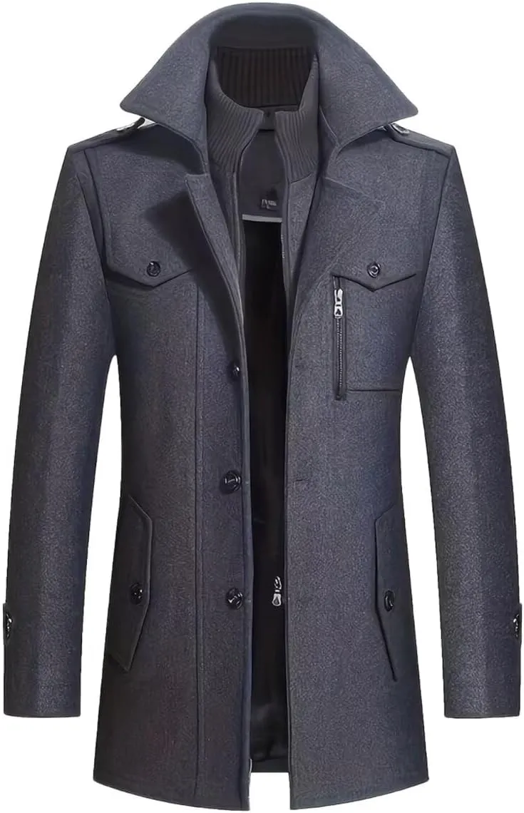 INVACHI Men's Wool Blend Coat Warm Winter Trench Coat with Removable Inner Collar Single Breasted Overcoat