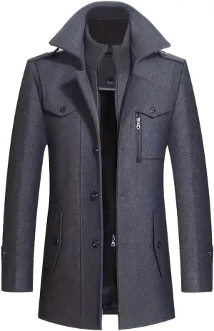 INVACHI Men's Wool Blend Coat Warm Winter Trench Coat with Removable Inner Collar Single Breasted Overcoat
