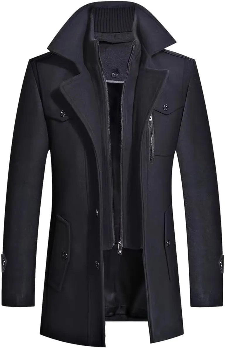 INVACHI Men's Wool Blend Coat Warm Winter Trench Coat with Removable Inner Collar Single Breasted Overcoat