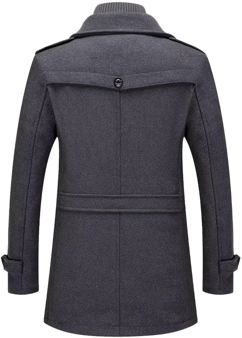 INVACHI Men's Wool Blend Coat Warm Winter Trench Coat with Removable Inner Collar Single Breasted Overcoat