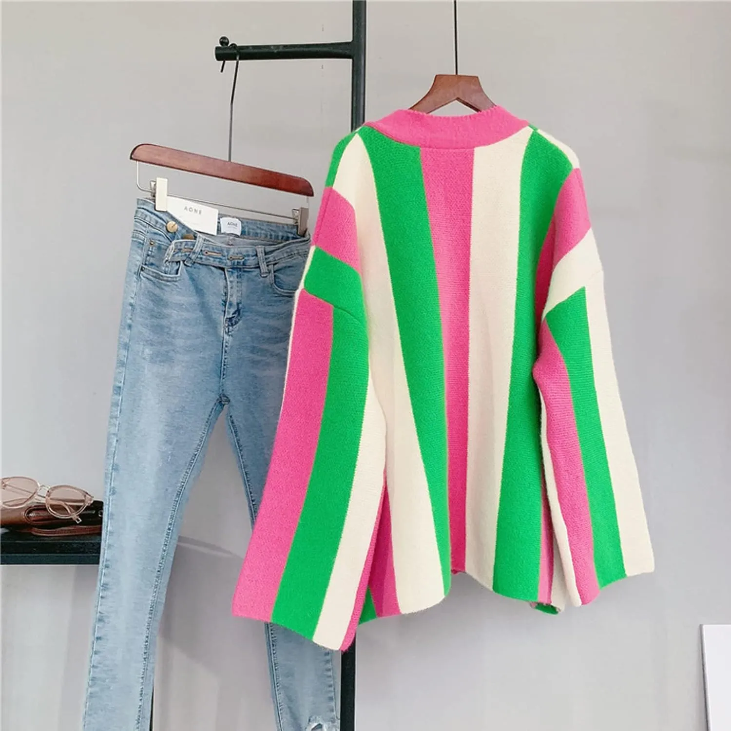 JASCLS Women's Long Sleeve Color Block Chunky Cable Knitted Oversized Sweater Cardigans for Women