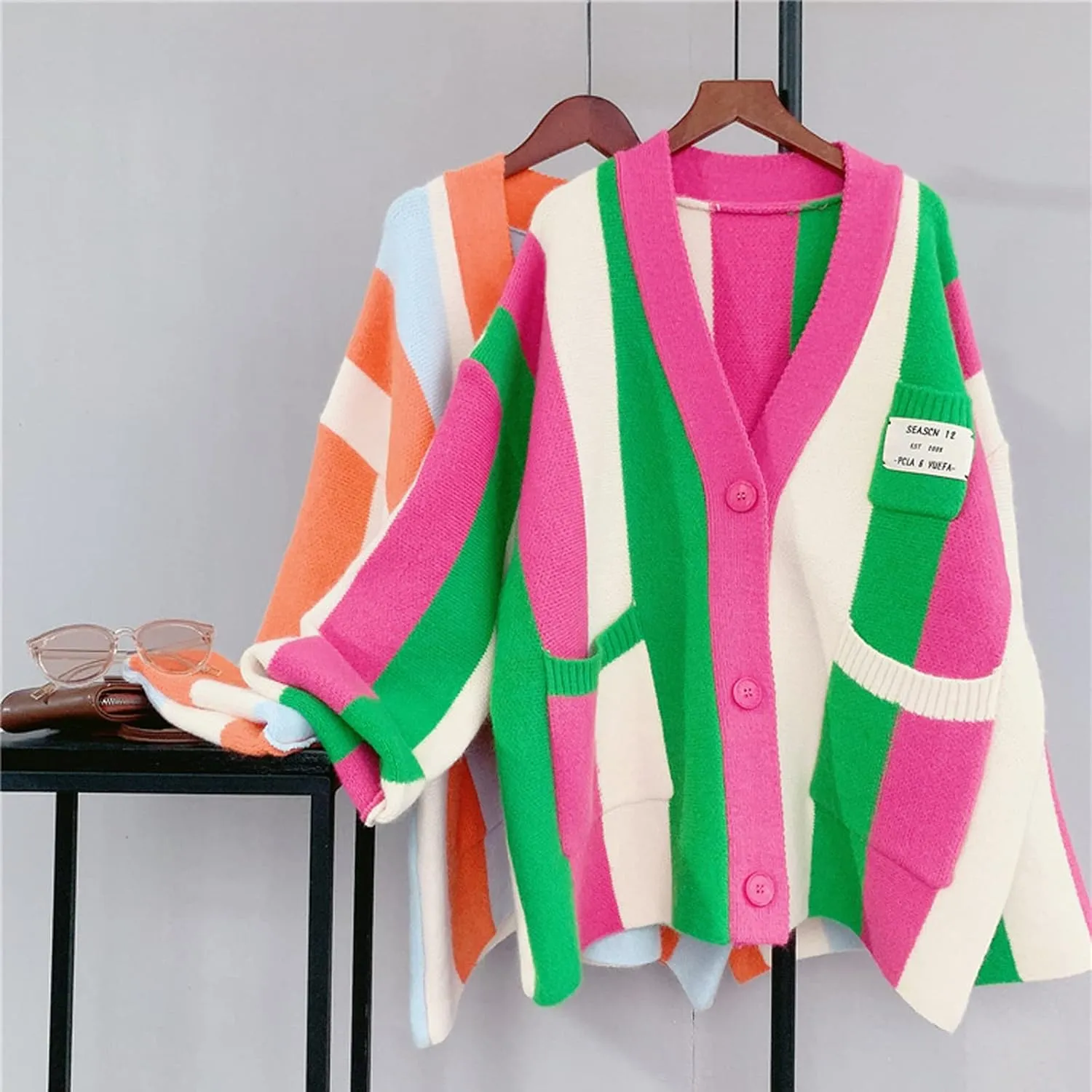 JASCLS Women's Long Sleeve Color Block Chunky Cable Knitted Oversized Sweater Cardigans for Women