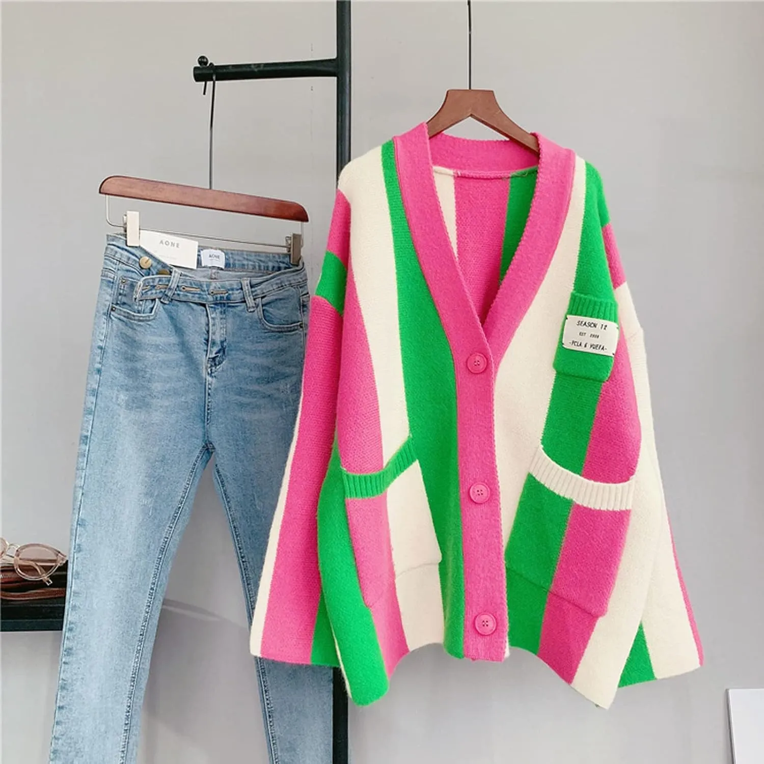 JASCLS Women's Long Sleeve Color Block Chunky Cable Knitted Oversized Sweater Cardigans for Women