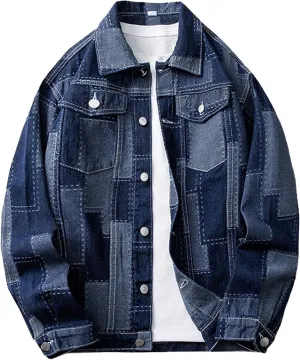 JEKE-DG Men Patchwork Lapel Denim Jacket Casual Slim Fit Jeans Jacket Big Pocket Colorblock Cowboy Outerwear