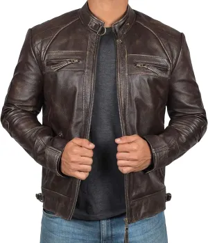 JEsilunmaMY Mens Distressed Punk Leather Jacket Vintage Stand Collar Motorcycle Bomber Jacket Casual Sport Moto Biker Coat