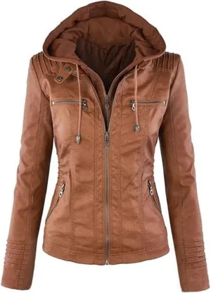 JEsilunmaMY Women's Hooded Leather Jacket Long Sleeve Zip Up Short Biker Coat with Pocket Slim Fit Motorcycle Bomber Outwear