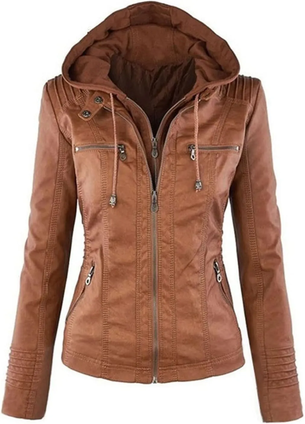 JEsilunmaMY Women's Hooded Leather Jacket Long Sleeve Zip Up Short Biker Coat with Pocket Slim Fit Motorcycle Bomber Outwear