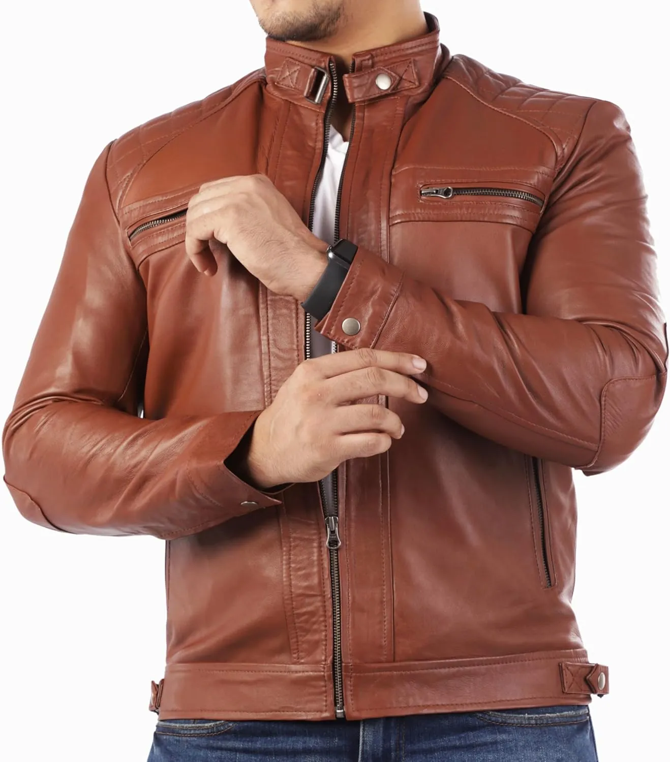 Jild Signature Diamond Style Lambskin Leather Jacket Men - Premium Leather Caf Racer Vintage Look Motorcycle Jacket Men