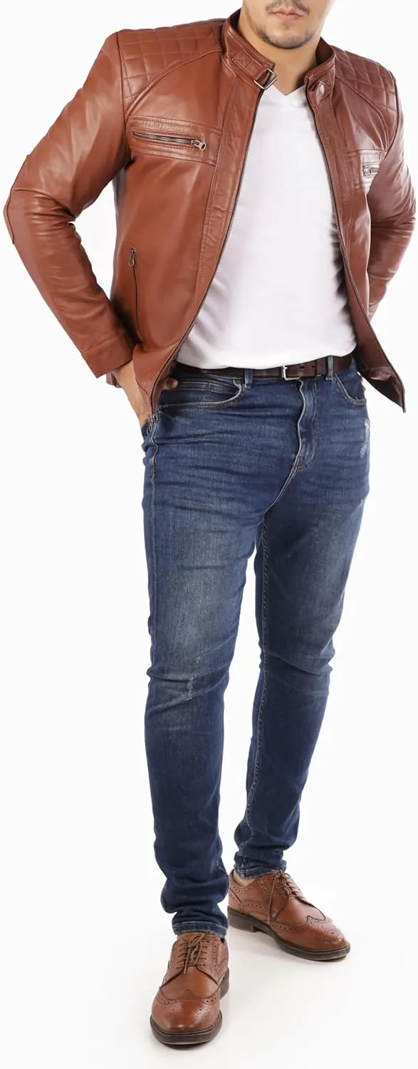 Jild Signature Diamond Style Lambskin Leather Jacket Men - Premium Leather Caf Racer Vintage Look Motorcycle Jacket Men