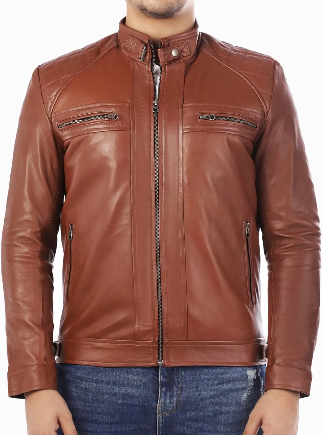 Jild Signature Diamond Style Lambskin Leather Jacket Men - Premium Leather Caf Racer Vintage Look Motorcycle Jacket Men