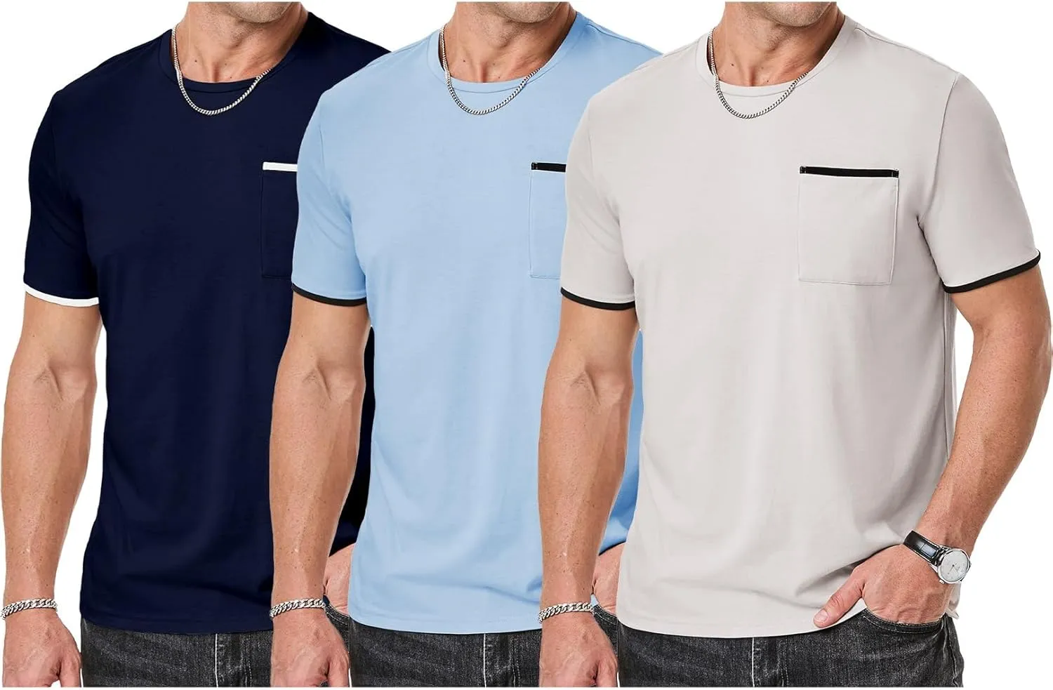 JMIERR Mens T-Shirt Cotton Crewneck Basic Tee Casual Short Sleeve Shirts Active Quick Dry 3 Pack Tops with Pocket