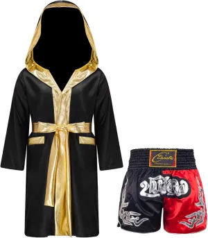 Kids Boys Boxing Shorts Set Outfit Halloween Cosplay Costume Long Sleeve Robe Satin Hooded Cloak with Shorts Belt