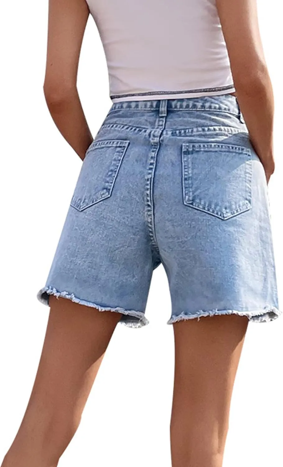 KINGFEN Women's High Waist Denim Shorts Raw Hem Jean Shorts Casual Summer Straight Wide Leg Pants for Women with Pockets