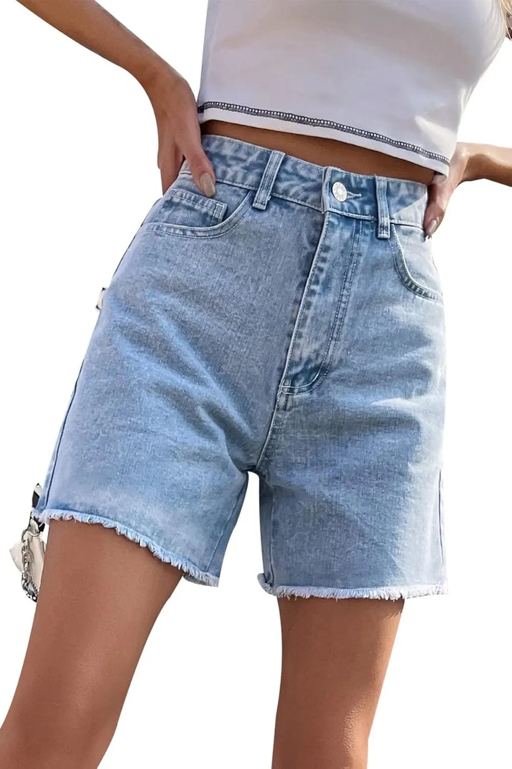 KINGFEN Women's High Waist Denim Shorts Raw Hem Jean Shorts Casual Summer Straight Wide Leg Pants for Women with Pockets