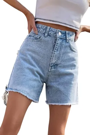 KINGFEN Women's High Waist Denim Shorts Raw Hem Jean Shorts Casual Summer Straight Wide Leg Pants for Women with Pockets