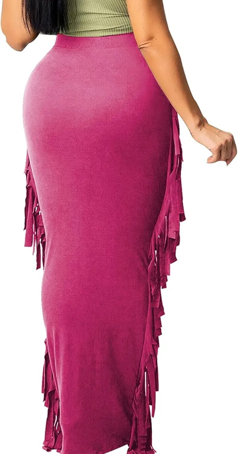 kinstell Women's Elastic High Waist Slim Bodycon Tassels Long Maxi Clubwear Night Out Pencil Skirts