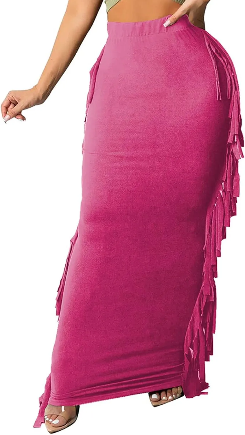 kinstell Women's Elastic High Waist Slim Bodycon Tassels Long Maxi Clubwear Night Out Pencil Skirts