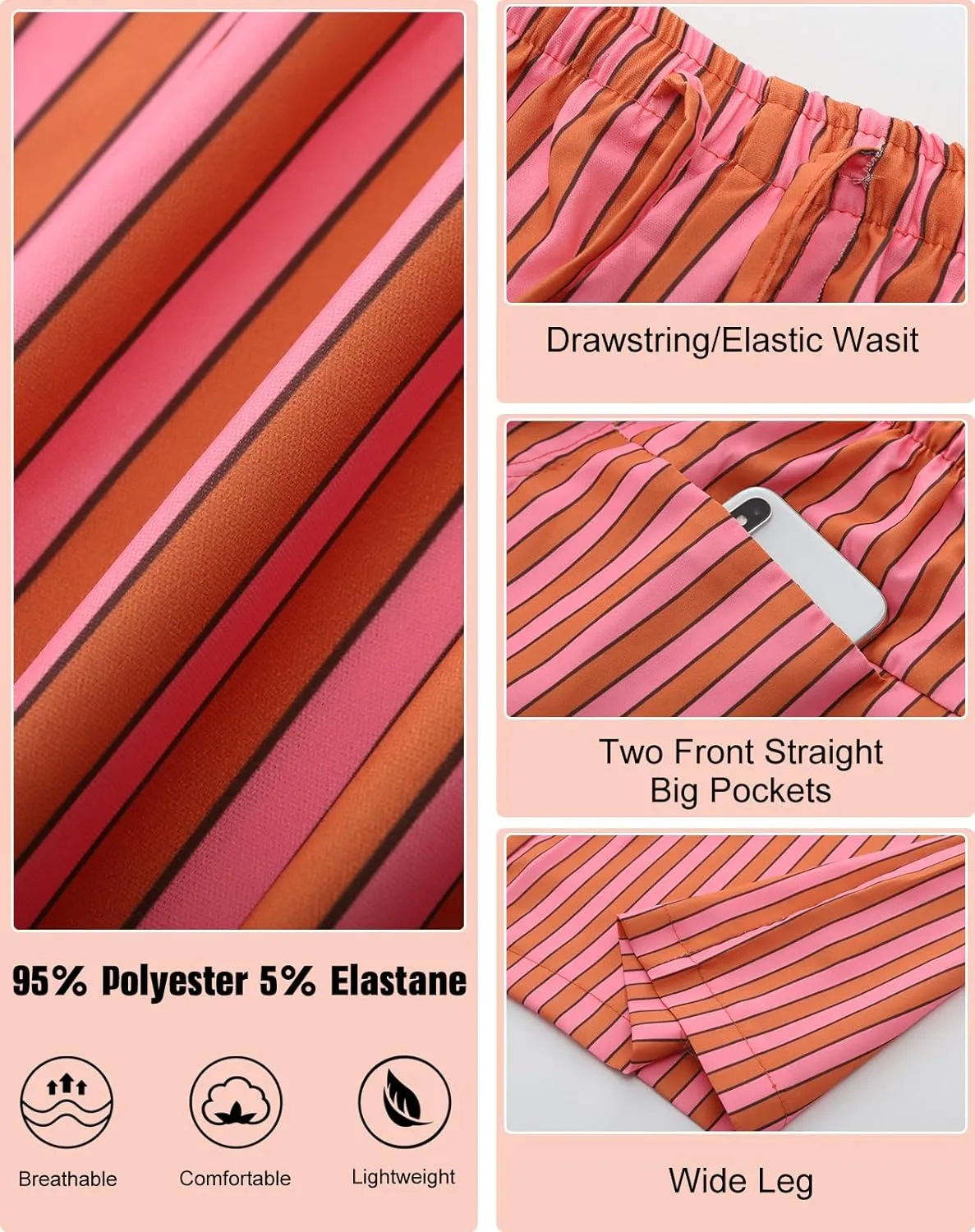 Kissonic Women Striped Pants Casual Drawstring Wide Leg Trousers Loose Lounge Pajama Pants with Pockets