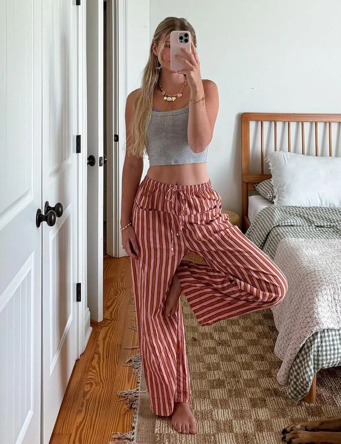 Kissonic Women Striped Pants Casual Drawstring Wide Leg Trousers Loose Lounge Pajama Pants with Pockets