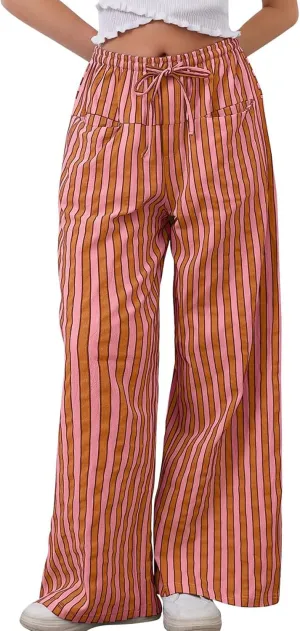 Kissonic Women Striped Pants Casual Drawstring Wide Leg Trousers Loose Lounge Pajama Pants with Pockets