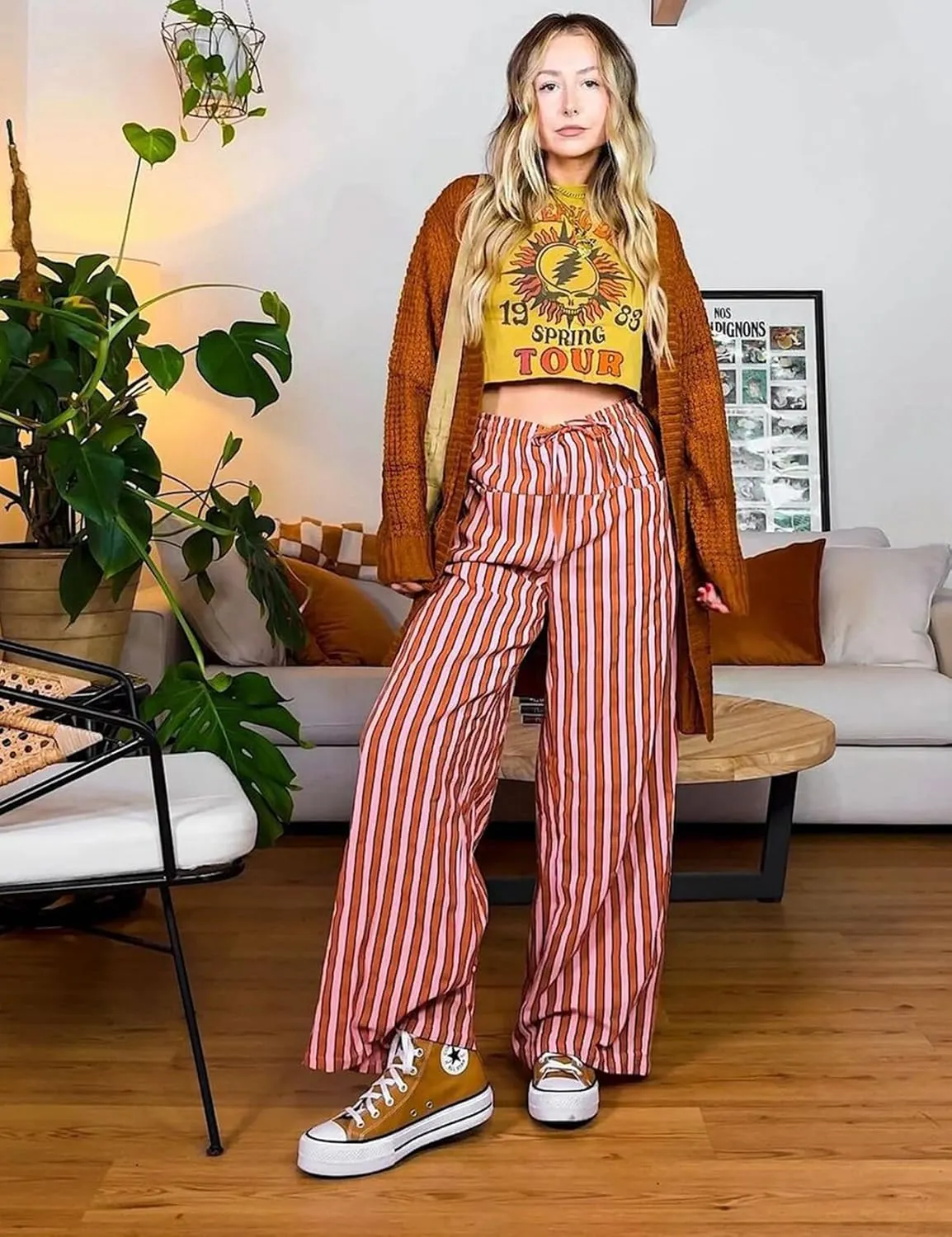 Kissonic Women Striped Pants Casual Drawstring Wide Leg Trousers Loose Lounge Pajama Pants with Pockets