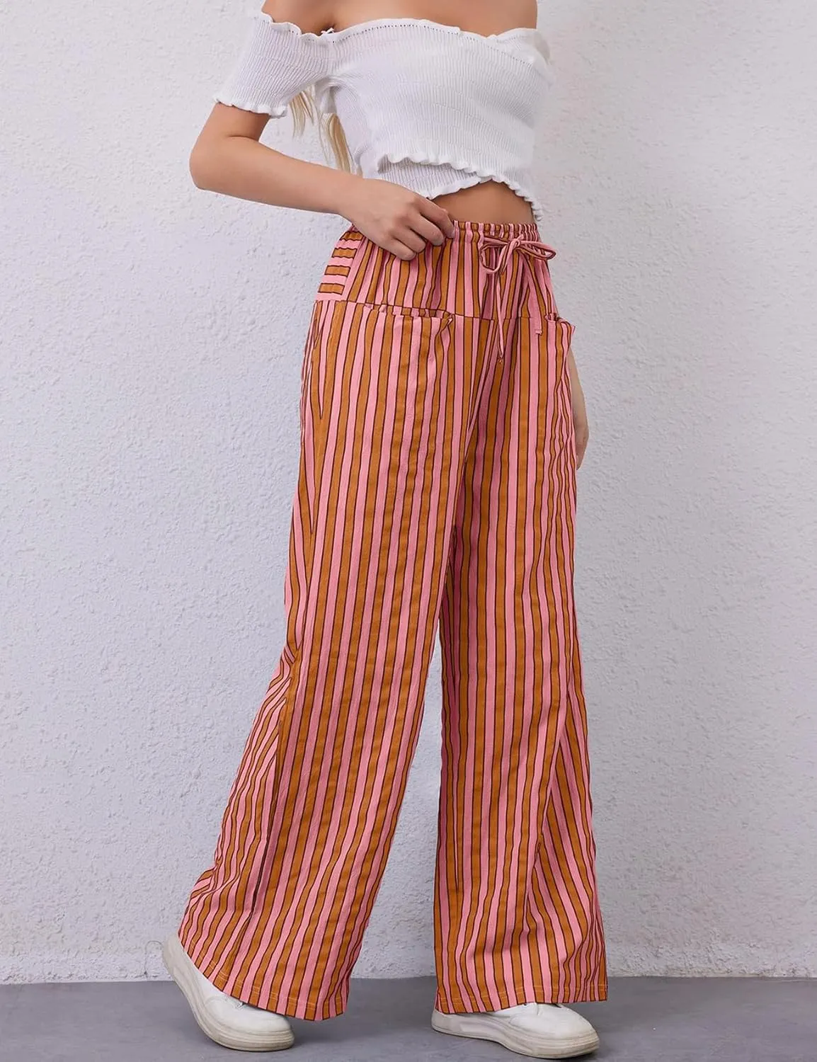 Kissonic Women Striped Pants Casual Drawstring Wide Leg Trousers Loose Lounge Pajama Pants with Pockets