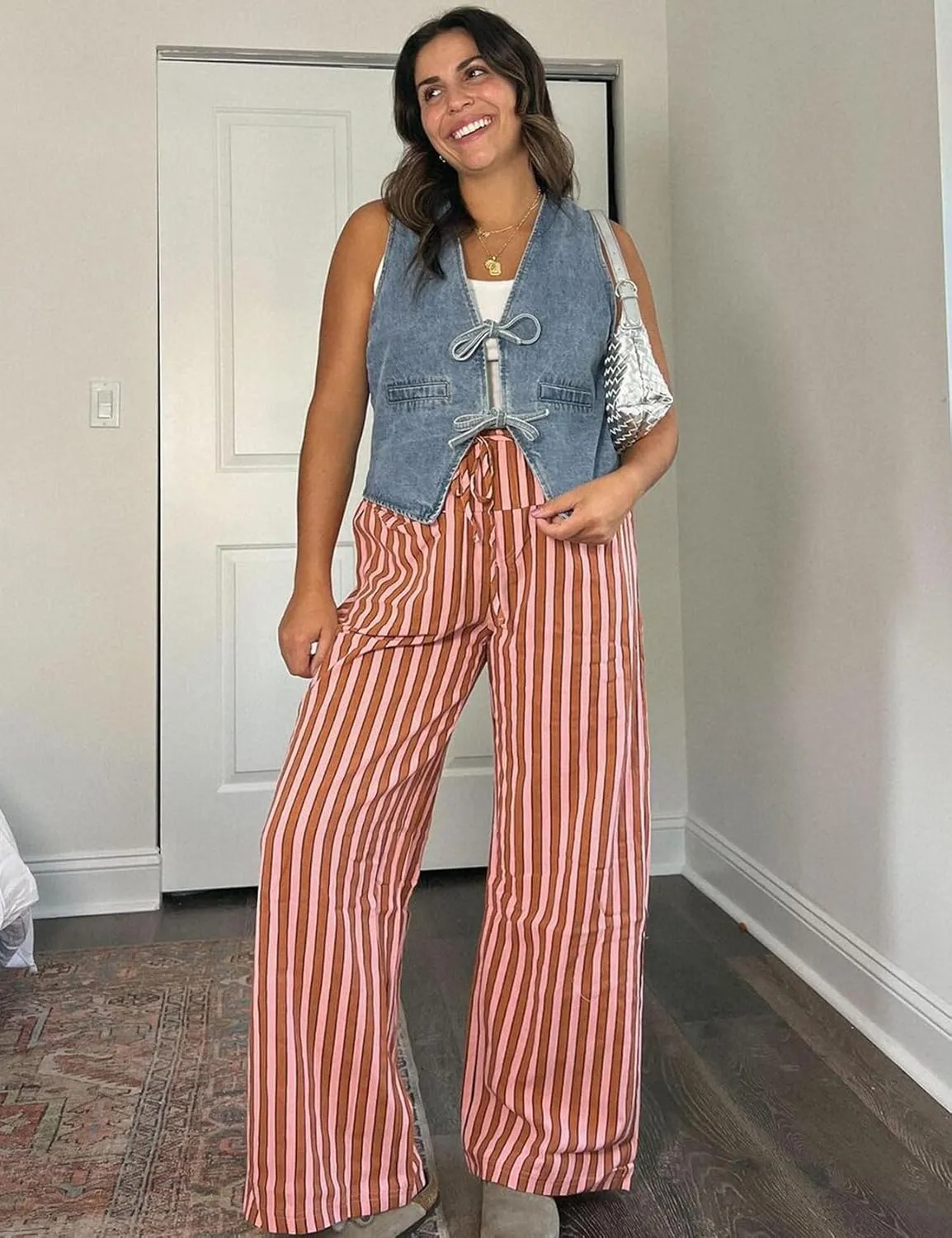 Kissonic Women Striped Pants Casual Drawstring Wide Leg Trousers Loose Lounge Pajama Pants with Pockets