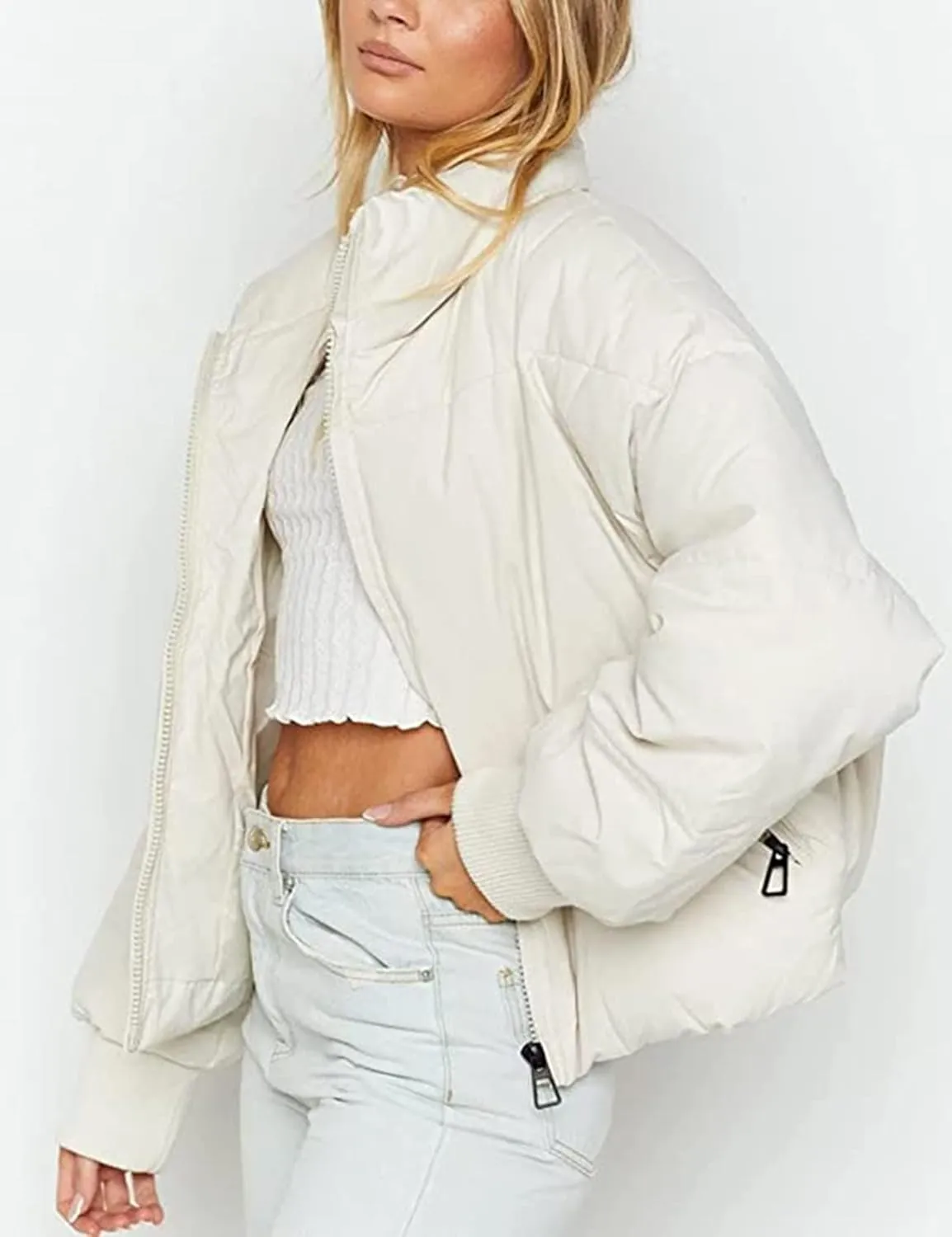 Kissonic Women's Cropped Puffer Jacket Full Zip Short Quilted Padded Down Coat