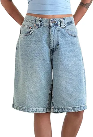 KMBANGI Y2k Women Denim Bermuda Shorts Straight Leg Jean Carpenter Shorts Vintage Mid Rise Knee Length Long Jorts