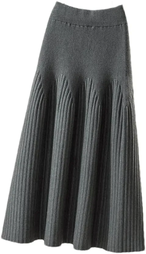 Knitted Skirt Women Casual Solid A Line High Waist Pleated Midi Long Skirt Female Ladies
