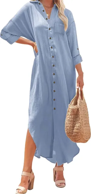 Kuraki Women's Casual Print Button Front Maxi Shirt Dress