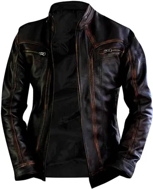 Lambskin Leather Jacket for Men - Vintage Distressed Brown Biker Coat