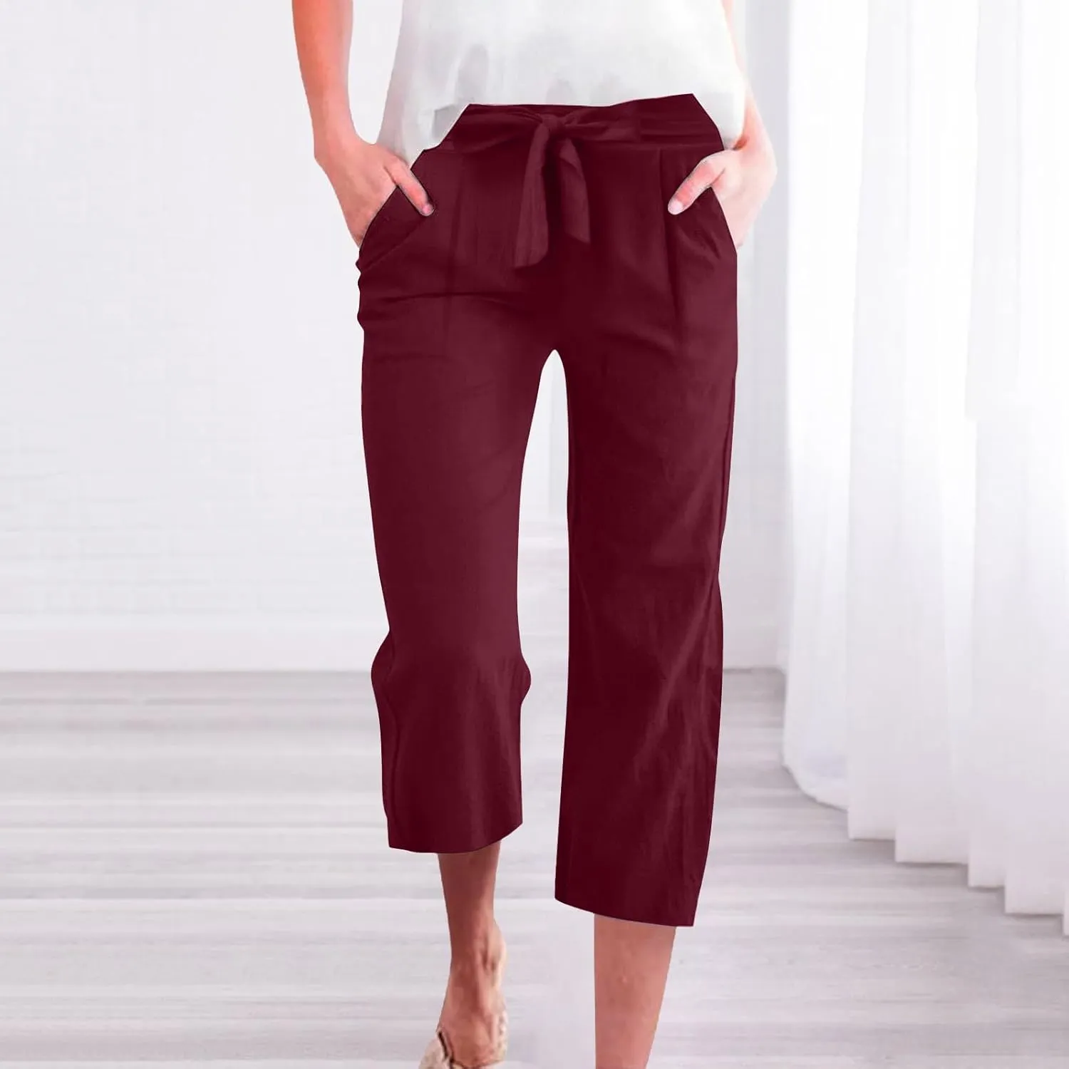 Linen Capri Pants for Women Cotton Casual Summer Capris Drawstring High Waist Pants Wide Leg Cropped Trousers