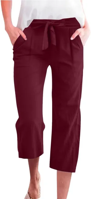 Linen Capri Pants for Women Cotton Casual Summer Capris Drawstring High Waist Pants Wide Leg Cropped Trousers
