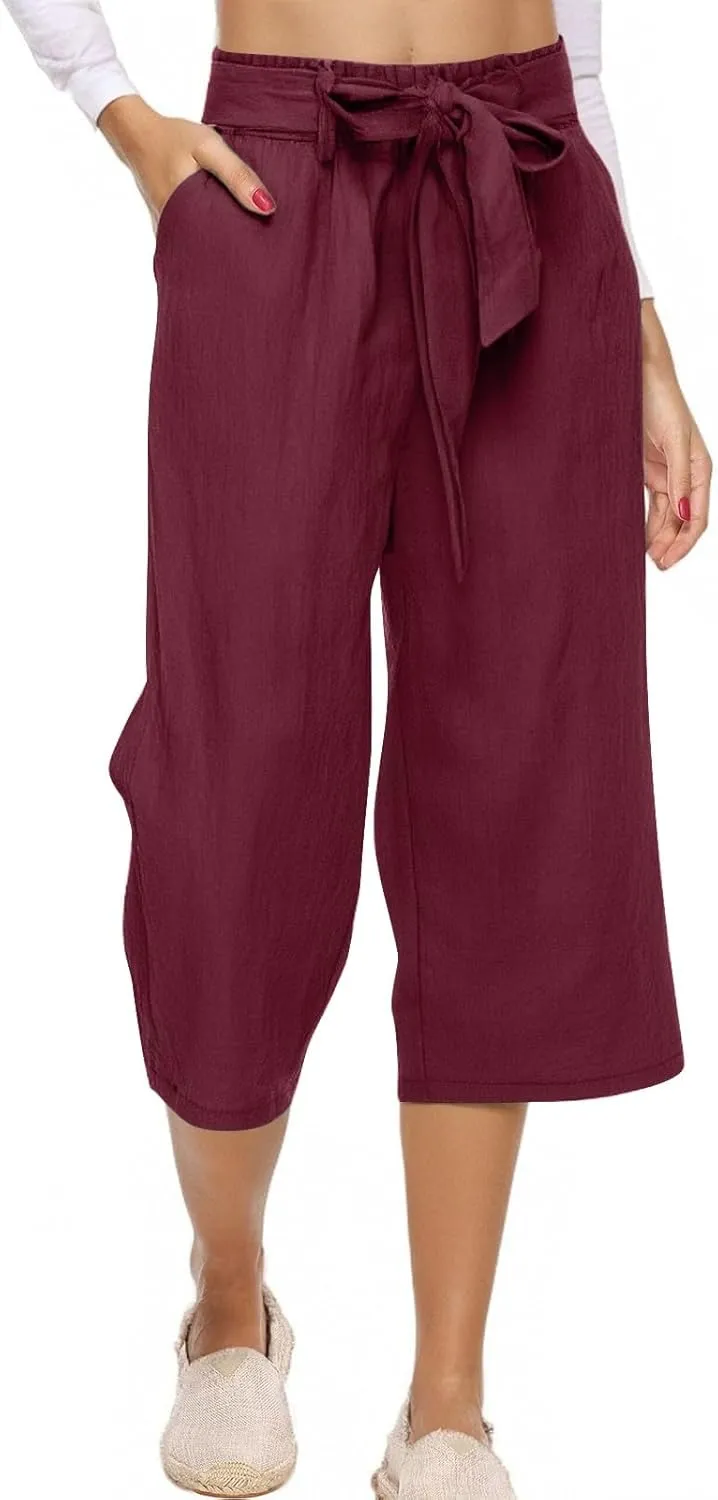 Linen Capri Pants for Women Cotton Casual Summer Capris Drawstring High Waist Pants Wide Leg Cropped Trousers