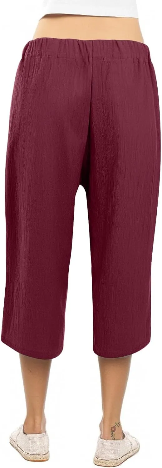 Linen Capri Pants for Women Cotton Casual Summer Capris Drawstring High Waist Pants Wide Leg Cropped Trousers