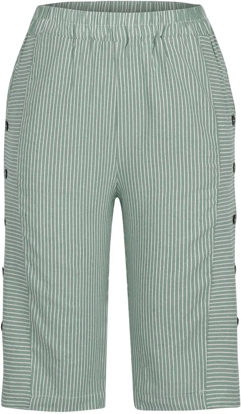 Linen Pants Women Capri Elastic Waist Cropped Trousers with Pockets Casual Summer Capri Pants Ladies Hiking Capris