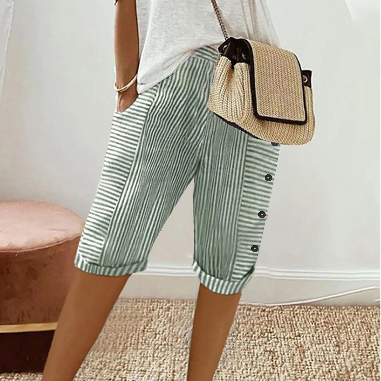 Linen Pants Women Capri Elastic Waist Cropped Trousers with Pockets Casual Summer Capri Pants Ladies Hiking Capris