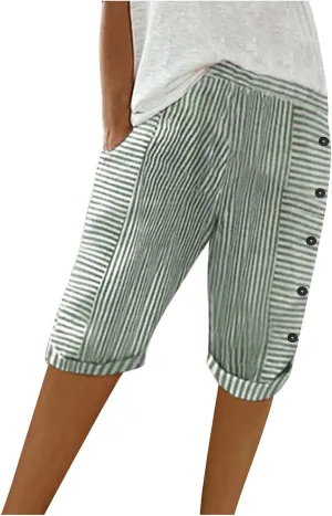 Linen Pants Women Capri Elastic Waist Cropped Trousers with Pockets Casual Summer Capri Pants Ladies Hiking Capris