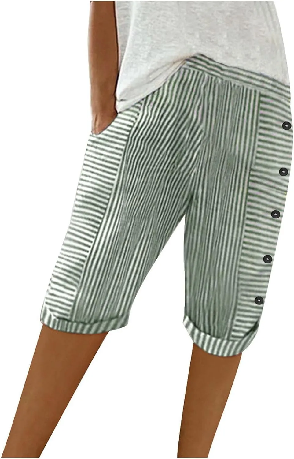 Linen Pants Women Capri Elastic Waist Cropped Trousers with Pockets Casual Summer Capri Pants Ladies Hiking Capris